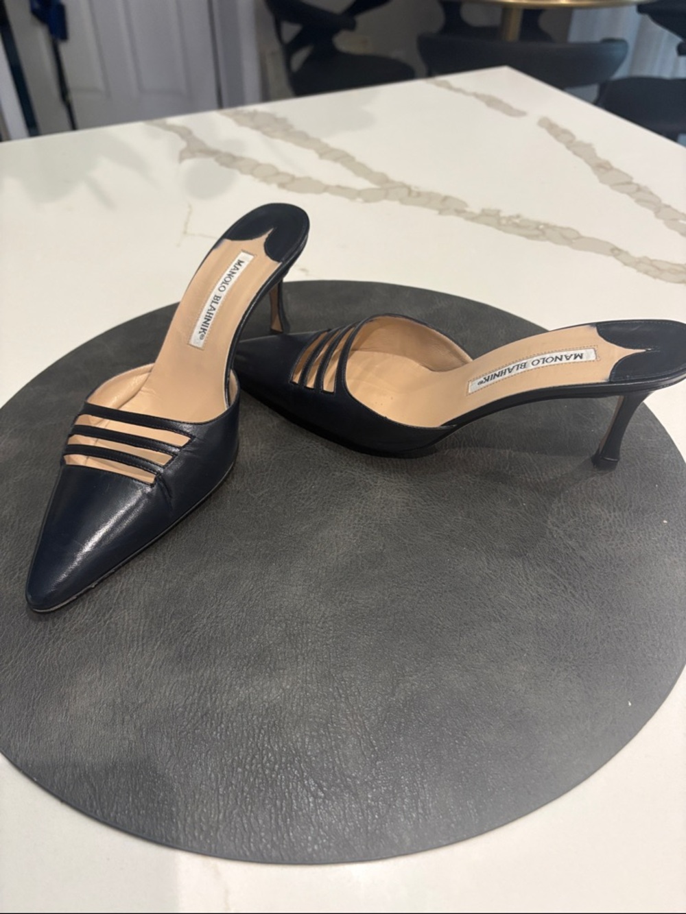 Manolo Blahnik navy blue Pointed Leather Mule Heels with Triple Straps